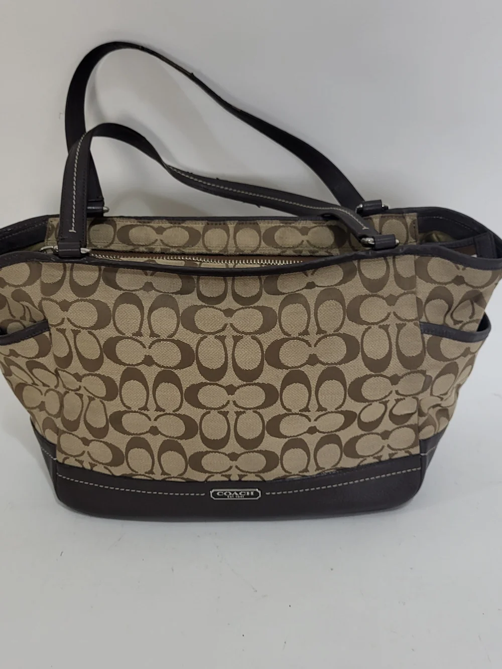 Coach Park Signature Carrie Tote Bag Khaki Brown Monogram F23297
